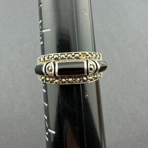 NF 925 Sterling Silver Black Onyx Marcasite Art‎ Deco Vintage Band Ring Size 9